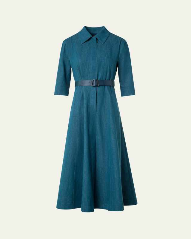 Belted Cotton Denim Stretch Midi Dress